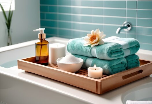 A background of towel bathroom white luxury concept massage candle bath with Bathroom matellic white wellness background towel relax aromatherapy flower and rose flower accessory zen therapy aroma bea