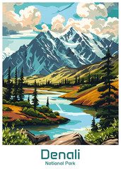 Denali National Park and Preserve Poster Ilustration Travel Print Decor Gift Paper Canvas Wall Retro Art