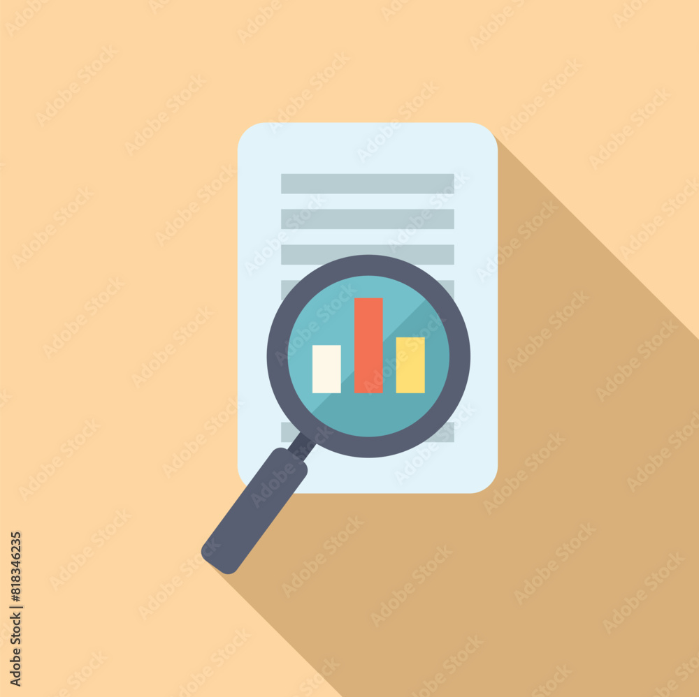 Poster flat design icon of a document with charts being analyzed under a magnifying glass