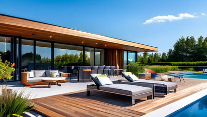 Fototapeta premium Backyard Oasis - Modern Wooden Terrace with Pool & Outdoor Furniture