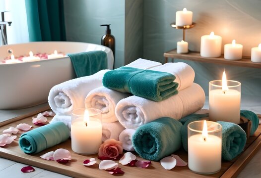 A background of towel bathroom white luxury concept massage candle bath with Bathroom matellic white wellness background towel relax aromatherapy flower and rose flower accessory zen therapy aroma bea