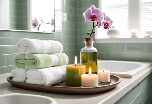 A background of towel bathroom white luxury concept massage candle bath with Bathroom matellic white wellness background towel relax aromatherapy flower and rose flower accessory zen therapy aroma bea