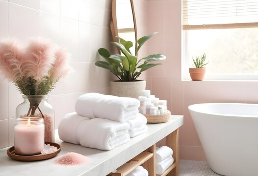 A background of towel bathroom white luxury concept massage candle bath with Bathroom matellic white wellness background towel relax aromatherapy flower and rose flower accessory zen therapy aroma bea