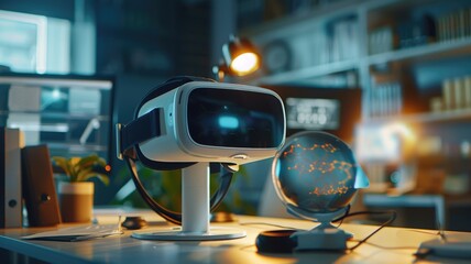 Obraz premium VR headset in a high-tech lab highlights cutting-edge technology and immersive virtual experiences