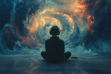 a teen sitting in front of a swirling fog, themes of bipolar health, depression , obsessive compulsive disorder, and mental health day.