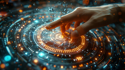 a hand interacting with a futuristic digital interface