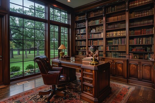 Traditional Colonial home office with a rich wooden executive desk, leather chair, and built-in bookshelves housing an extensive collection of books. - Powered by Adobe