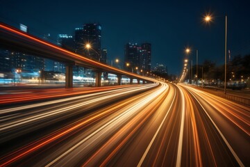 Fototapeta na wymiar High speed urban traffic city highway at dawn, car headlights in motion blur light effect and long exposure