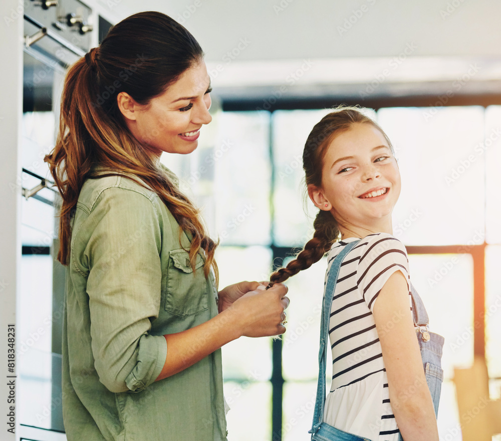 Poster Happy family, mom and daughter with hair care in home, affection and trust in bonding for memory as preteen. Cheerful woman, girl and cute for love, support and childhood development on mothers day