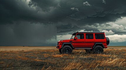 A red SUV with black accents sits in an open field under dark storm clouds. The car is positioned on the right side of the frame and shot at eye level to emphasize its height. - Powered by Adobe