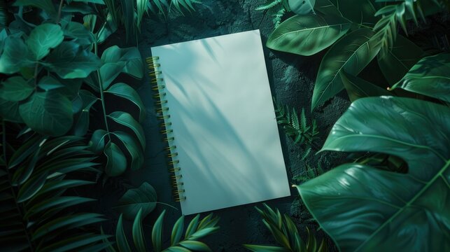 A blank notepad mockup surrounded green leaves on a black background, in the style of professional photography, in the style of professional lighting, realistic.