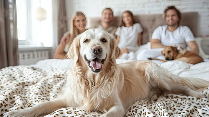 A family with a dog in the background of an elegant bedroom, a golden retriever lies on the bed and smiles at the camera, parents and daughter sit with their backs to the wall behind him.