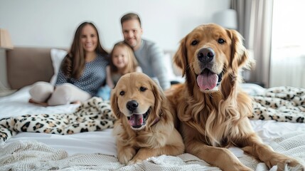 A family with a dog in the background of an elegant bedroom, a golden retriever lies on the bed and smiles at the camera, parents and daughter sit with their backs to the wall behind him. - Powered by Adobe