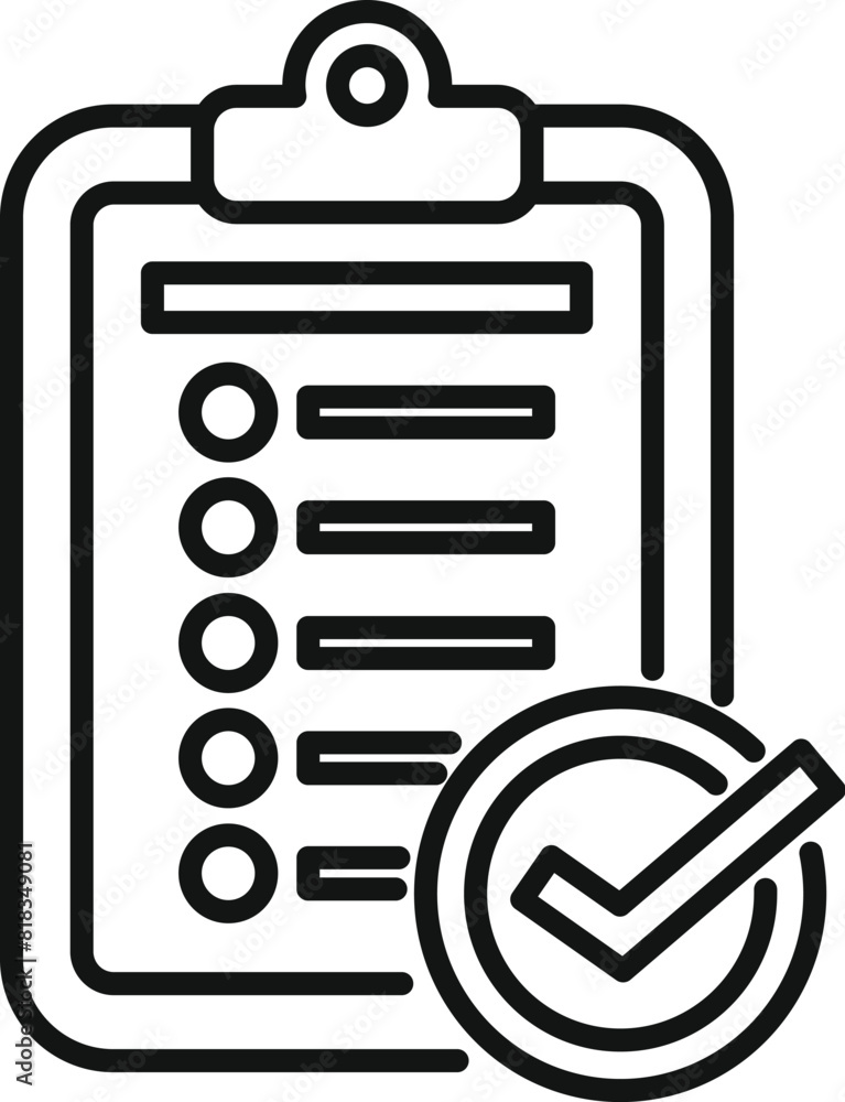 Poster clean line art illustration of a clipboard checklist icon with a check mark signifying task completi