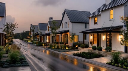 A row of modern townhouses with low roofs, a light gray color scheme and metallic accents. The houses have large windows and the front facades feature small gardens and street lights.