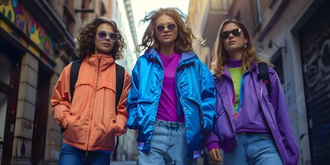 Three stylish friends in vintage 90s streetwear walking through urban alleyway. Concept Street Style, 90s Fashion, Urban Photoshoot, Vintage Vibes, Stylish Friends