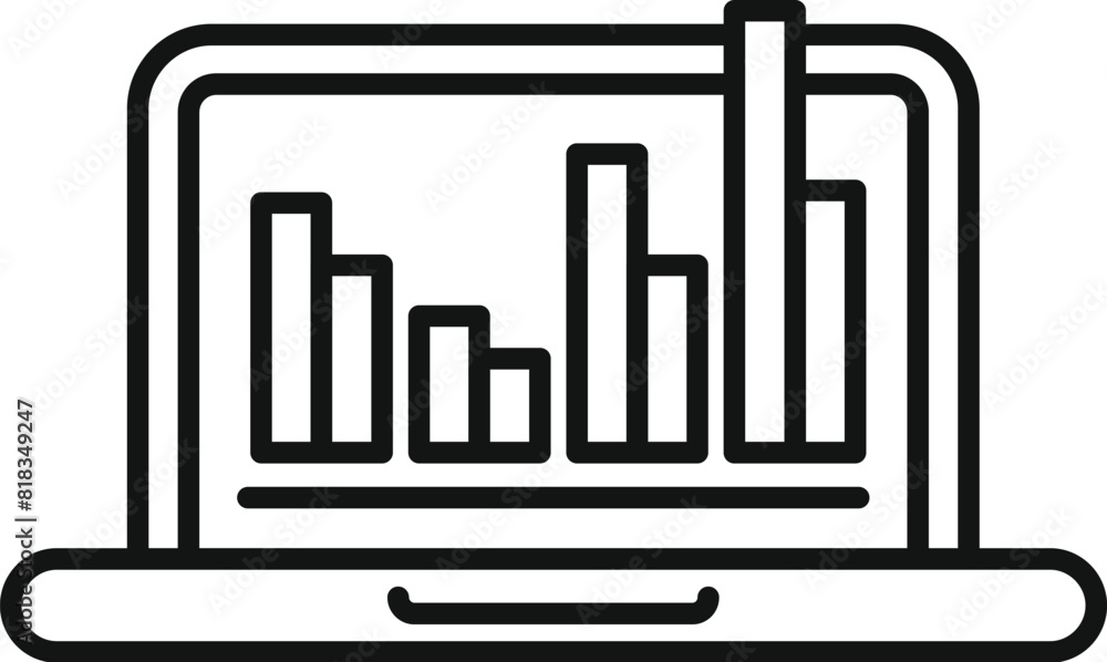 Poster black line art icon of a laptop with a bar graph on the screen, depicting data analysis