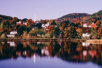 New England Town Of Barnet Reflected In Water, Vermont, Usa