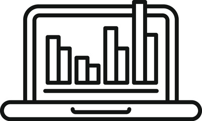 Black line art icon of a laptop with a bar graph on the screen, depicting data analysis