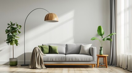 Home Interior Mock-up with Gray Sofa, Wooden Floor Lamp, and Green Vase Living Room. Generative AI