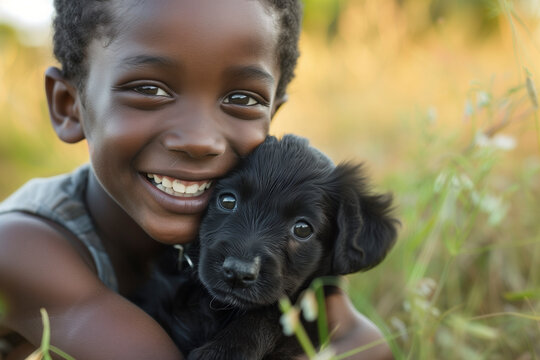 Young black boy playing with puppy