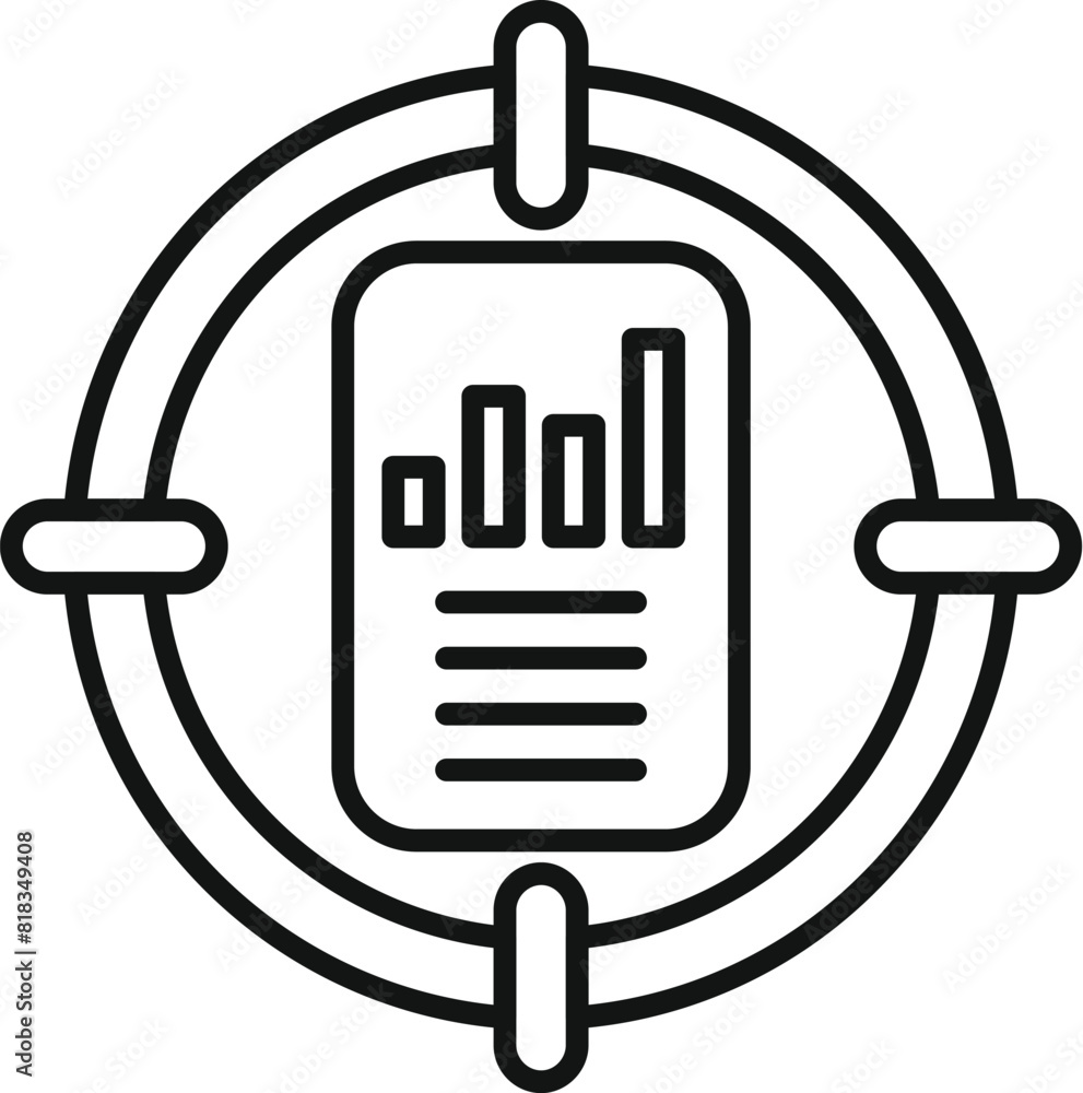 Poster simplified line icon depicting a report with bar graphs inside a target scope