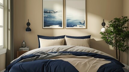 A bedroom with beige walls and navy and cream bedding creating an elegant ambience. There is a large photo frame hanging on the wall above the bed.