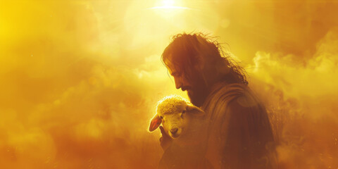 Silhouette of Shepherd Jesus Christ Taking Care of One Missing Lamb