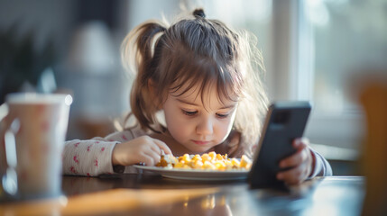Young girl focuses intently on a smartphone while eating breakfast. Soft morning light highlights her concentrated expression