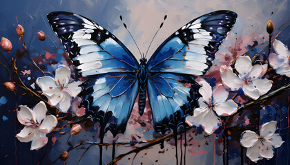  Blue and white butterfly with black borders on wings with a flower branch, 