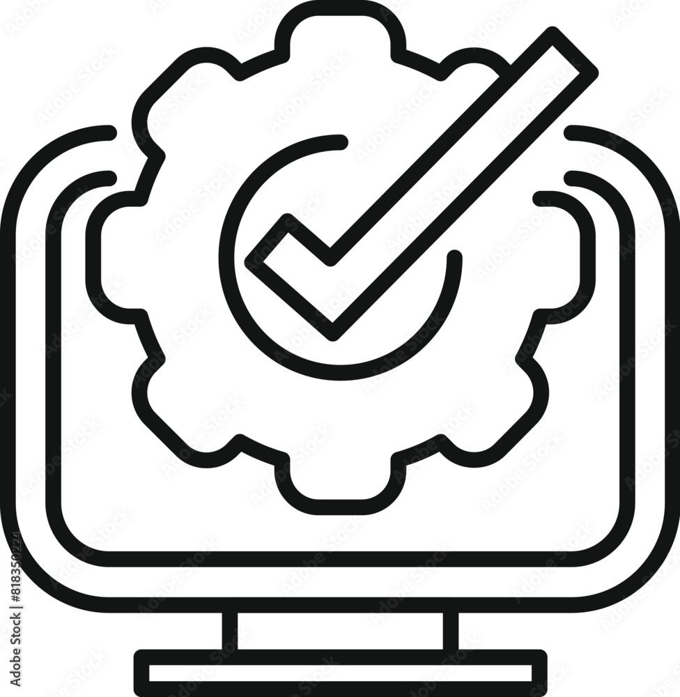 Poster line art vector icon depicting a computer screen with a quality check symbol