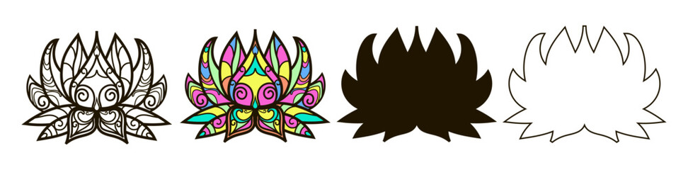 Set of 4 lotuses in one line, outline, doodle and black silhouette style. Mandala. Vintage decorative elements. Oriental ornaments. Indian, Moroccan, Chinese, mythical motifs.