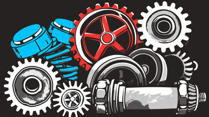 Abstract geometric design featuring gears, pistons, crankshafts in metallic shades with red and blue accents.