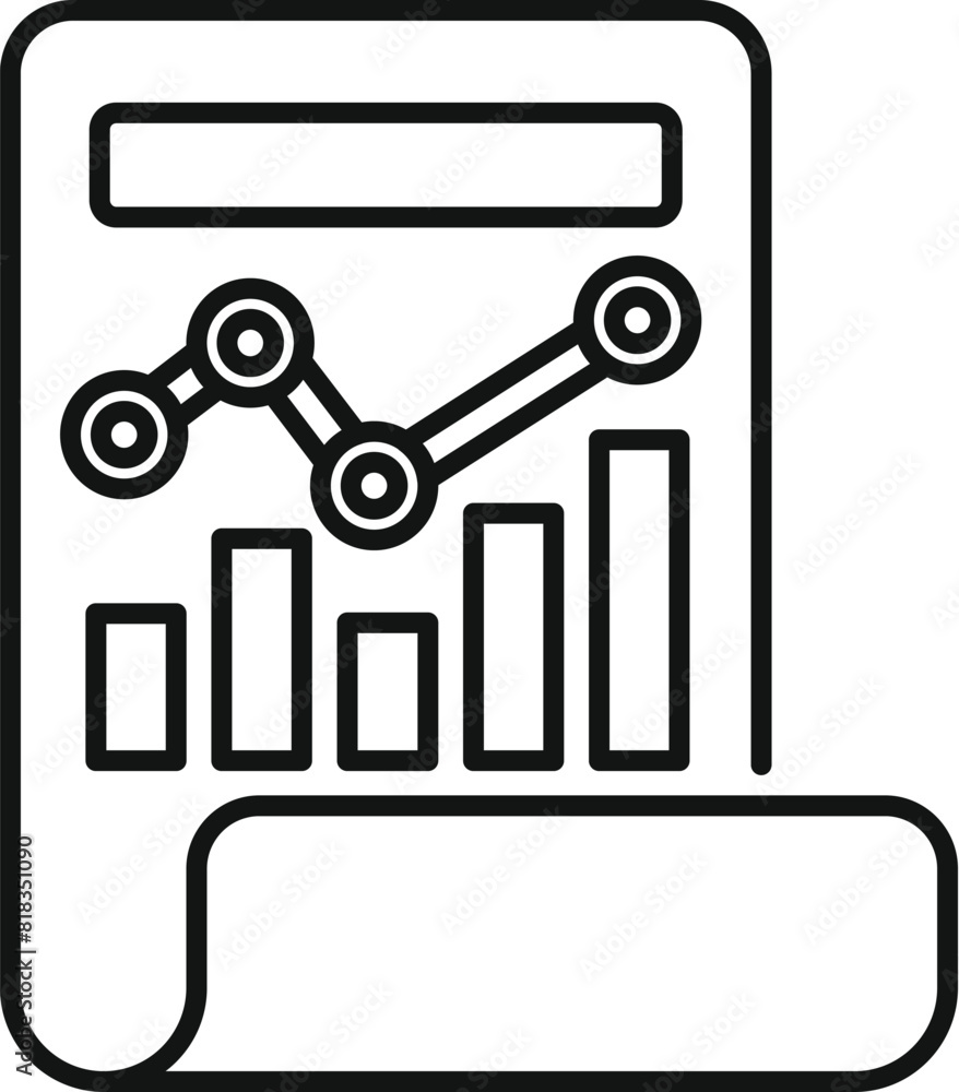 Poster simplified black and white icon of a document with a bar chart and trends on the front
