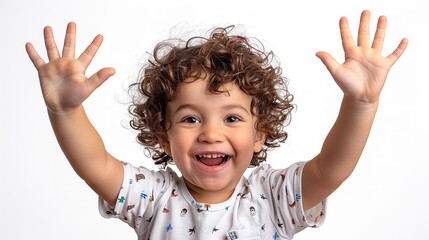 A young boy with curly hair energetically waves his hands in the air