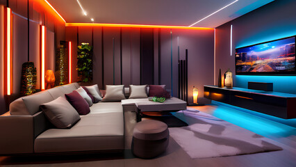 Basement Bliss - Trendy Lounge with LED Glow & Stylish Seating