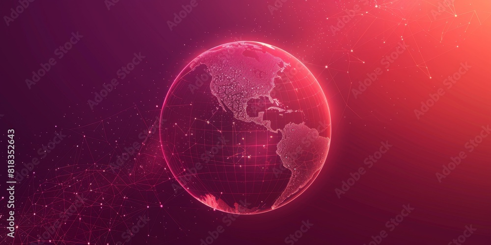 Wall mural red gradient background, digital globe vector illustration of planet earth made of dots and lines in