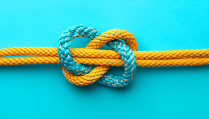 two ropes of different colors tied into a knot, pastel background, concept of infinity and connection, relationships and friendship