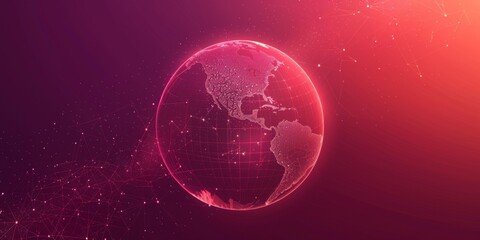 Red gradient background, digital globe vector illustration of planet Earth made of dots and lines in the style of dark red color Generative AI
