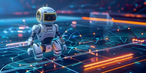 A small futuristic robot interacting with a digital interface on a neon-lit surface, showcasing advanced technology and AI capabilities