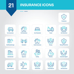 Insurance Icons Collection Secure Set of Shield, Protection, Policy, Coverage, Risk, Health, Auto, Home, Life, Claim - Editable Vector Icons