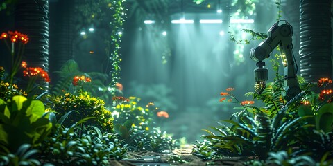 A robotic arm tending to plants in a lush, futuristic greenhouse filled with vibrant flowers and greenery under soft, artificial lighting