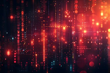 Fototapeta premium Abstract digital matrix with glowing red and orange lights, resembling a futuristic cityscape or data stream