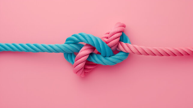 two ropes of different colors tied into a knot, pastel background, concept of infinity and connection, relationships and friendship