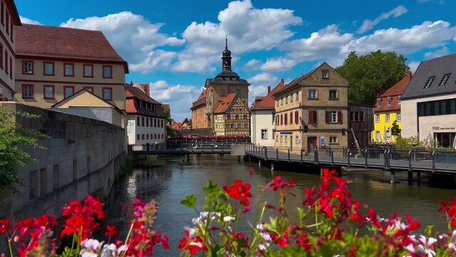 Medieval architecture of the historical center of Bamberg, Bavaria, Germany July 25, 2023. High quality 4k footage