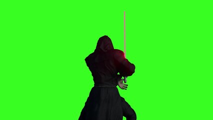 A space star warrior in a hooded cloak holds a lightsaber in his hands on green background render 3d