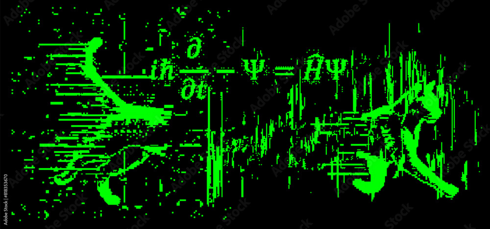Poster Schrodinger cat and equation in pixel art retrofuturistic style. Conceptual vector illustration of  linear partial differential equation that governs the wave function of a quantum-mechan