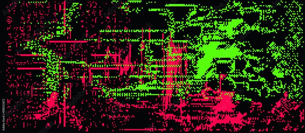 Poster Dark background with distorted pattern of neon pixels. Vector illustration in 8-bit glitch art style.