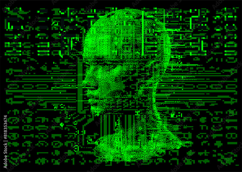 Poster green 3d human face on a dark background. conceptual vector illustration on the topic of virtual rea