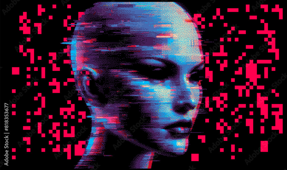 Aufkleber silhouette of a 3d glitched human head. conceptual image of ai (artificial intelligence) and vr (vir